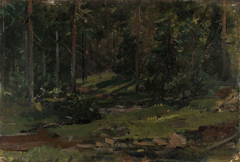 Wooded Landscape de Gerhard Munthe, óleo sobre tela representando uma cena de floresta exuberante.
