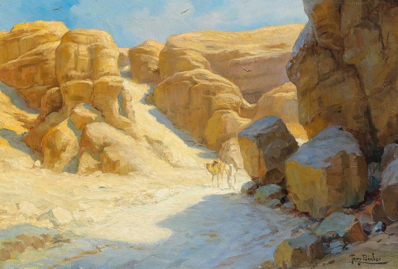 Tal der Könige, Luxor de Tony Binder, pintura a óleo com montanhas e tumbas em ricos tons terrosos.