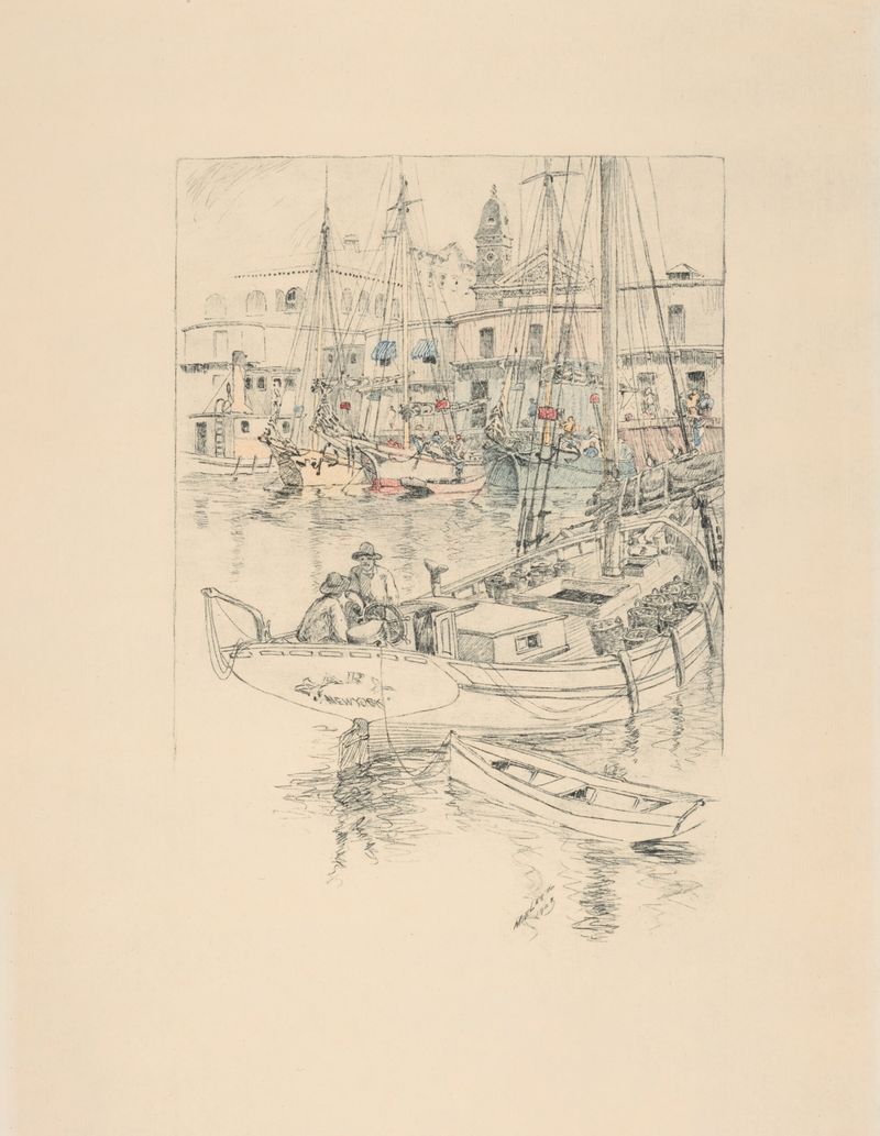 Oyster Market, West Street gravura de Charles Frederick William Mielatz retratando uma cena de rua animada.
