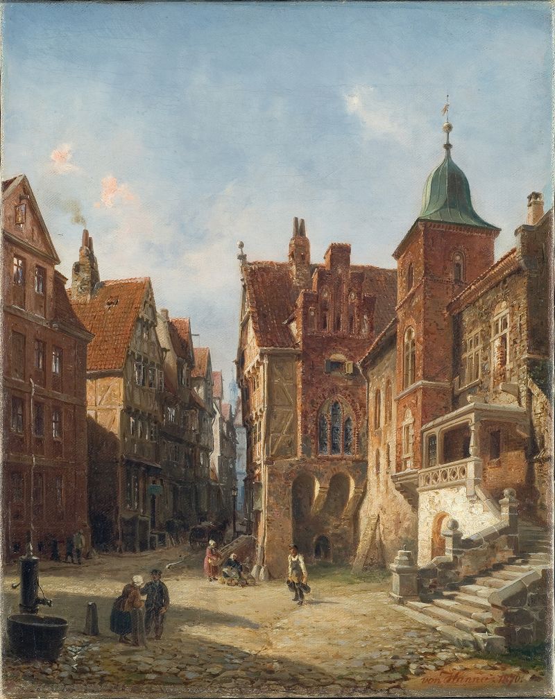 Calle en Hamburgo, estudio de arquitectura, óleo sobre lienzo de Wilhelm von Hanno