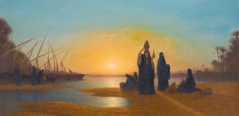 Pintura al óleo de Charles Théodore Frère que representa el Nilo con figuras y luz solar.