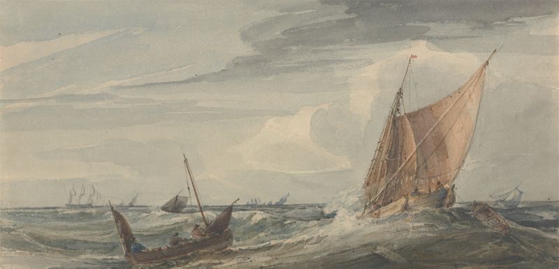 Pintura al óleo de Samuel Owen que muestra barcos en un mar tempestuoso.