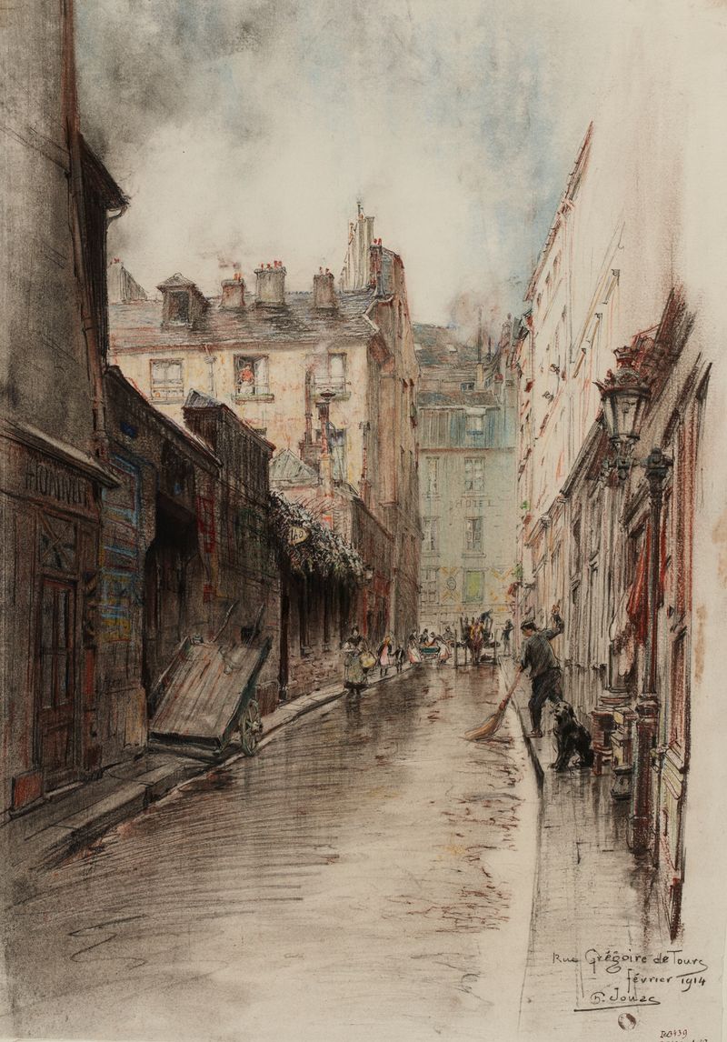 Genre scene depicting urban life in Rue Grégoire de Tours by Charles Jouas, oil painting
