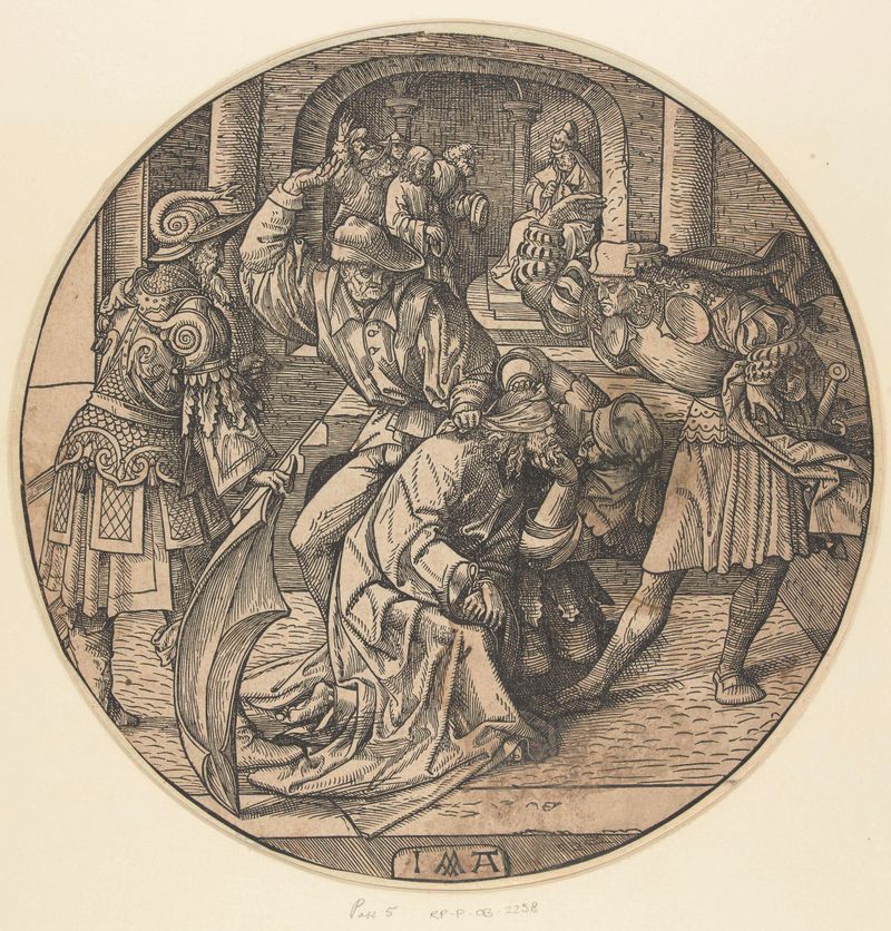 Escena religiosa de Cristo atado y ridiculizado, papel de Jacob Cornelisz van Oostsanen