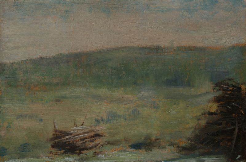 Paisagem em Saint-Ouen de Georges Seurat, óleo que retrata campos e árvores sob a luz filtrada.