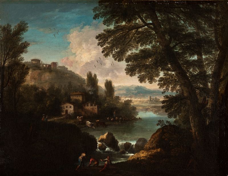 Landscape by Paolo Anesi, oil painting depicting gentle hills and a meadow.