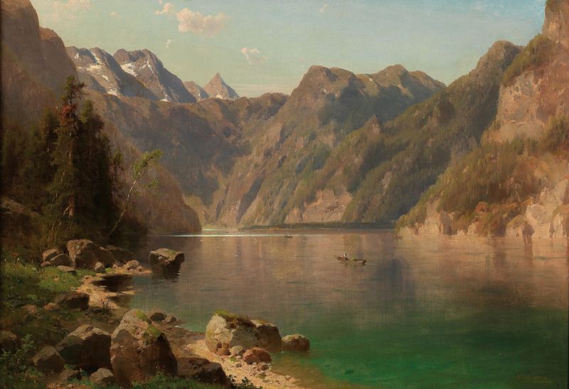 Königssee de Adolf Chwala, óleo sobre tela representando um lago sereno cercado por montanhas