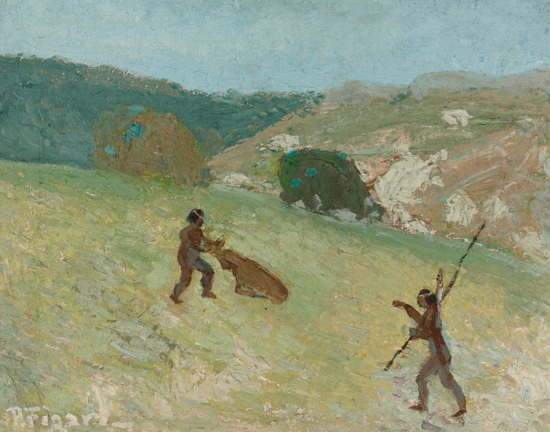 Caza by Pedro Figari, oil on canvas featuring vibrant colors and earth tones in a landscape.
