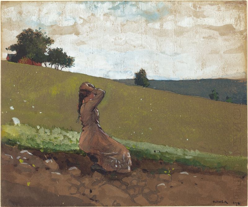 Pintura a óleo de paisagem de Winslow Homer com uma colina verde e luz solar.