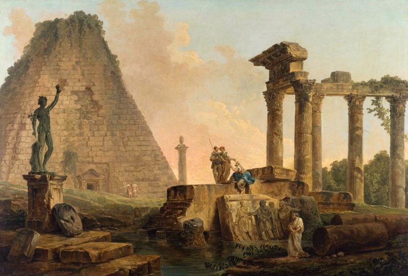 Ruines Romaines de Hubert Robert, pintura a óleo que retrata ruínas antigas cercadas por vegetação exuberante.