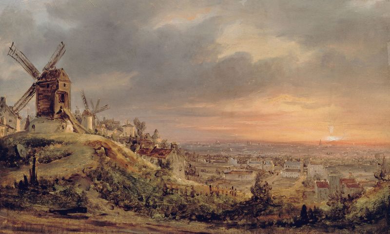 Landscape of Paris rooftops at sunset, oil painting by Louis Daguerre