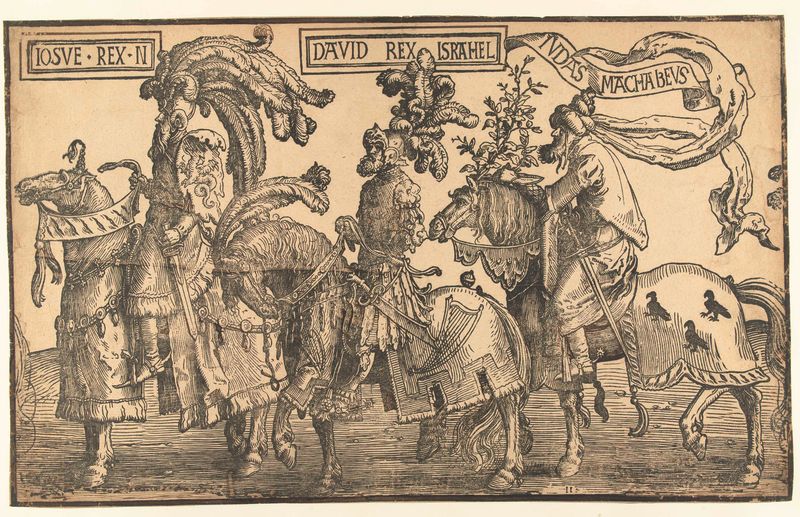 Grabado histórico de Lucas van Leyden que representa a Josué, David y Judas Macabeo.