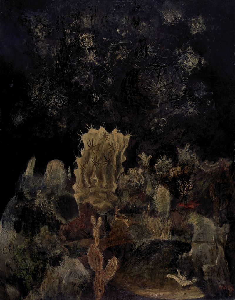 Cactus Garden de Hubert Wolfs, modernismo, representando cactus contra un cielo vibrante.