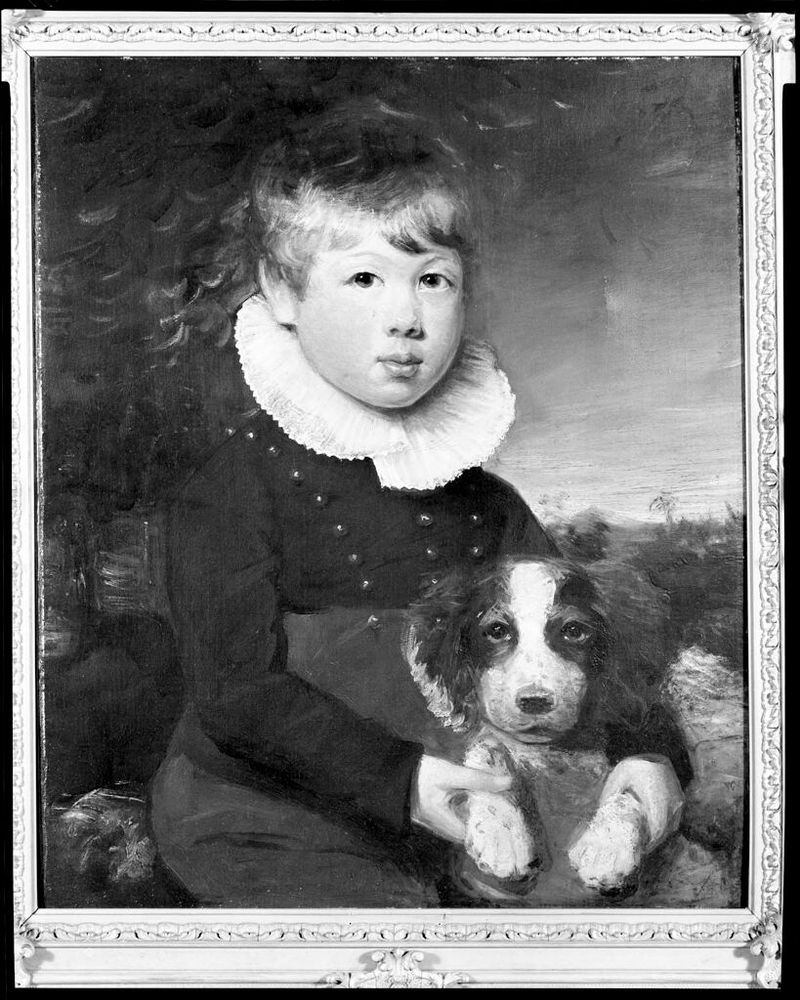 Pintura figurativa al óleo de William Beechey que muestra a un niño con su perro.