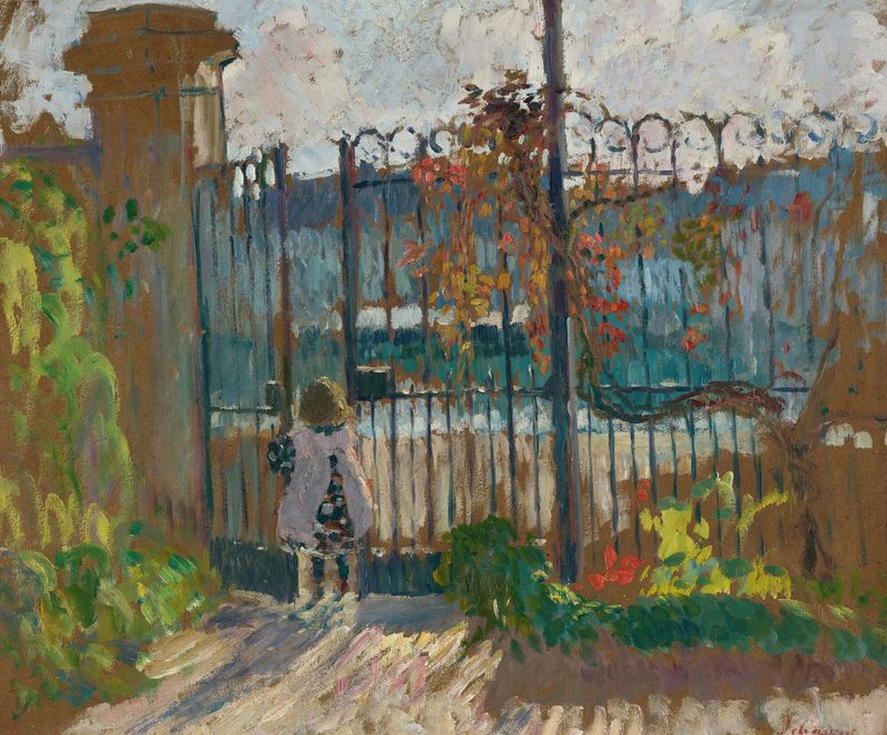 Pintura figurativa al óleo de Henri Lebasque con una mujer en un jardín.