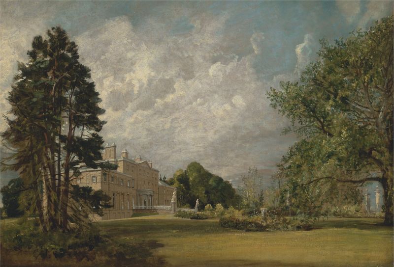 Malvern Hall, una pintura al óleo de John Constable, presenta arquitectura rodeada de exuberante vegetación.