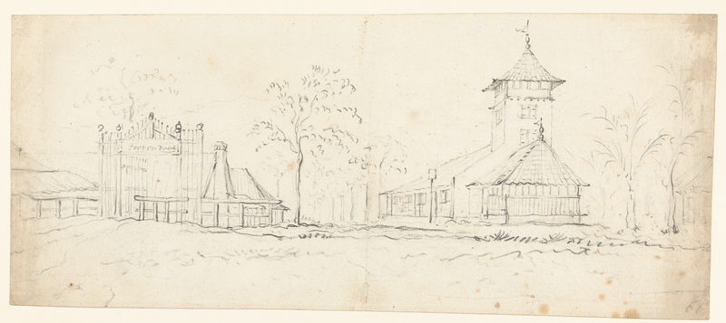 Desenho de paisagem de Buitenplaats Soorendaal met een kerk de Unknown Artist, apresentando uma igreja e linha de árvores.