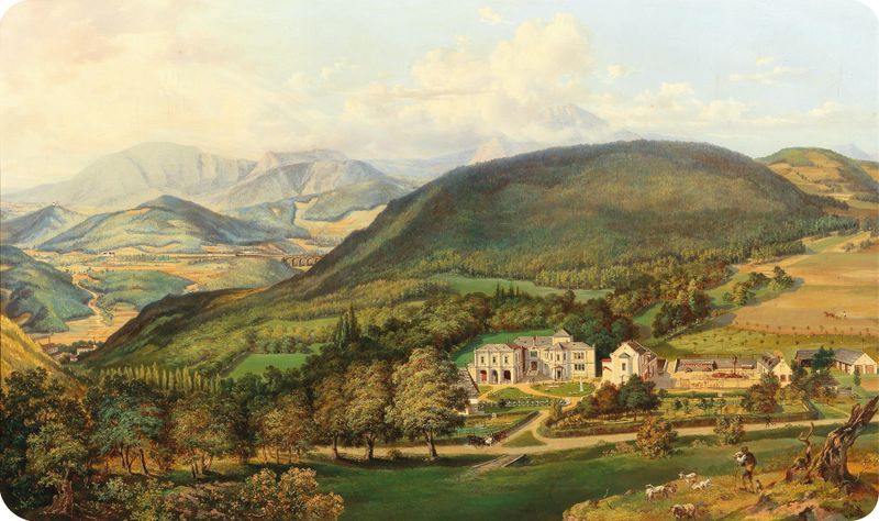 Landscape oil painting by Carl Thöndel depicting the St. Christoph Estate with hills and clouds
