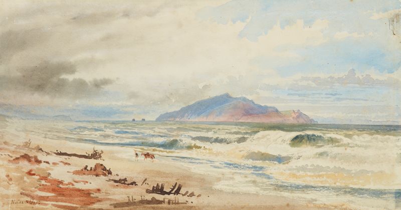 Kapiti de Nicholas Chevalier, óleo sobre tela mostrando colinas e mar distante.