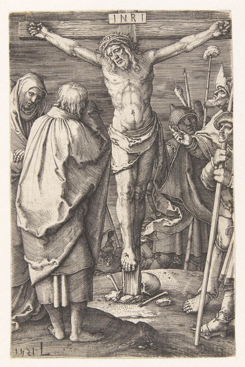 Grabado de Lucas van Leyden que representa a Cristo en la cruz con luz dramática.