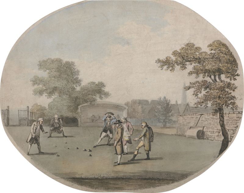 A Game of Bowls by John Collet, depicting gentlemen in a garden playing bowls, Rococo style