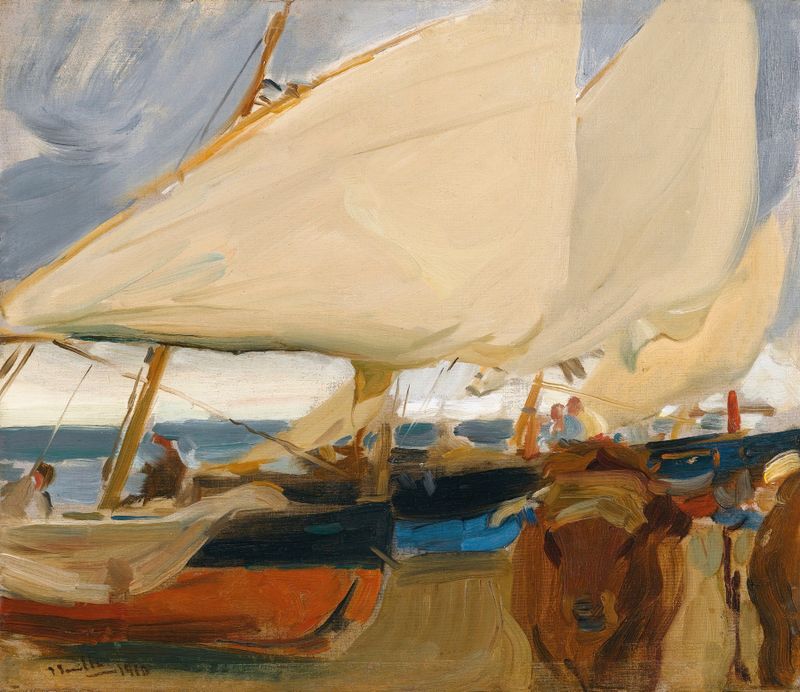 Oil painting of Playa De Valencia by Joaquín Sorolla, showing a sunny beach and waves of the Mediterranean Sea.