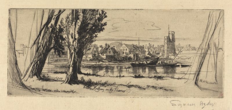 Etching by Francis Seymour Haden depicting the Thames river at dusk