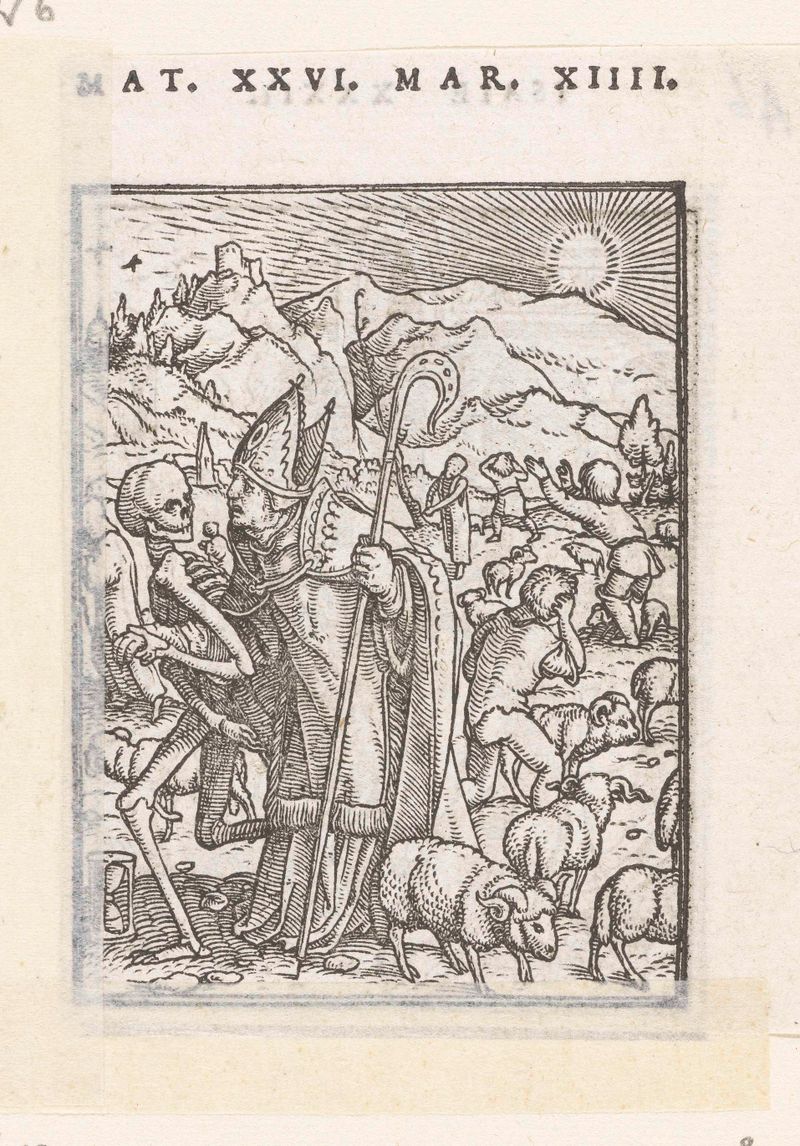 Cena religiosa com um bispo e um esqueleto, gravura de Hans Holbein