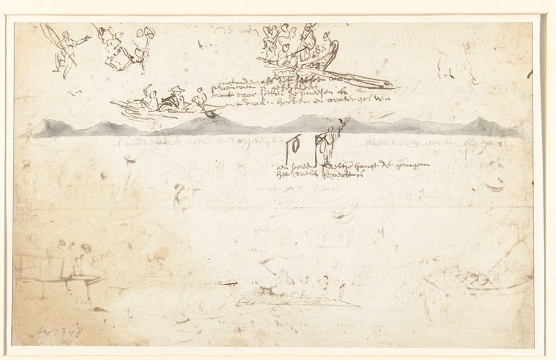 Marine scene with boats and figures by Wouter Schouten, drawing