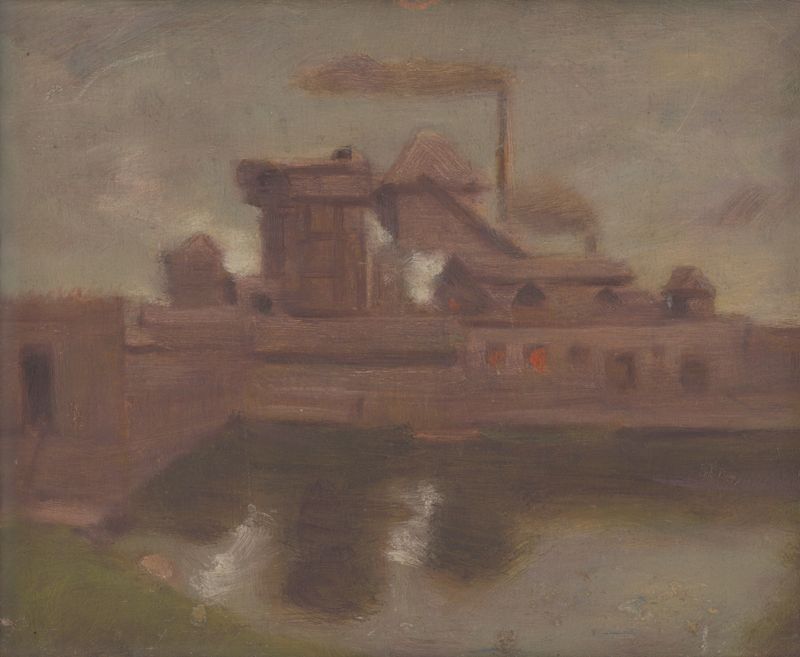 Old Factory by Milan Thomka Mitrovský, oil on canvas depicting an industrial landscape