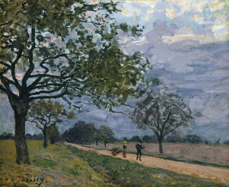 Paisaje con un camino y árboles, pintura al óleo de Alfred Sisley