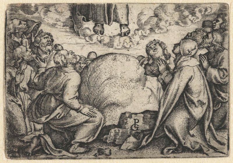 Grabado de Georg Pencz que representa la ascensión de Cristo con figuras y luz celestial.