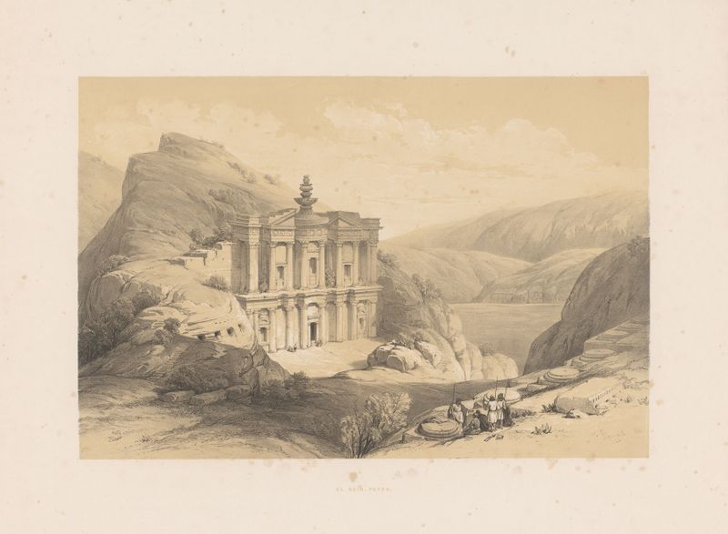 El Deir, una escena arquitectónica de François Stroobant, pintura al óleo que representa las antiguas ruinas de Petra.