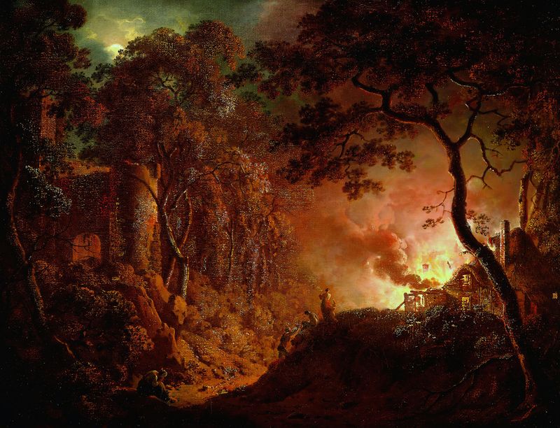 Cottage on Fire, óleo de Joseph Wright of Derby, muestra una cabaña ardiendo con rostros iluminados de espectadores.