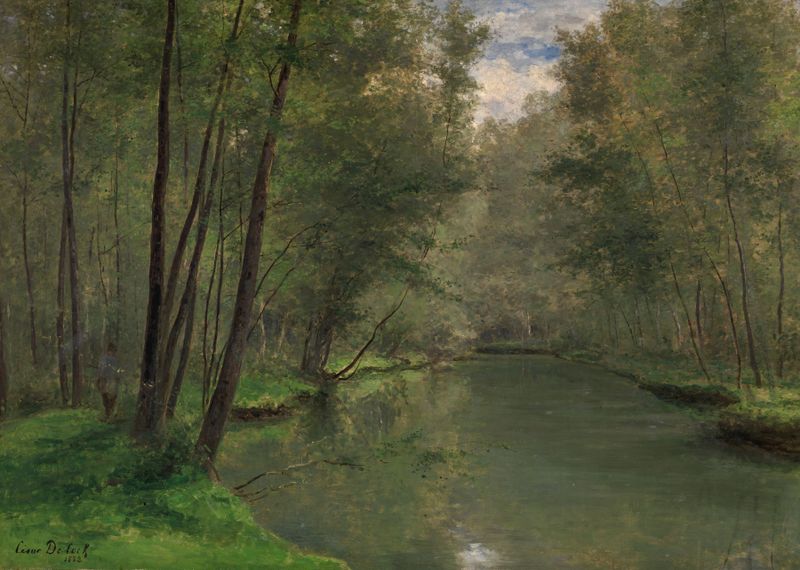 Along the River Epte in Gasny by César De Cock, Impressionism, depicting a serene river landscape.
