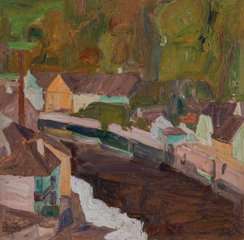 Egon Schiele oil on canvas depicting a village by a river at dawn
