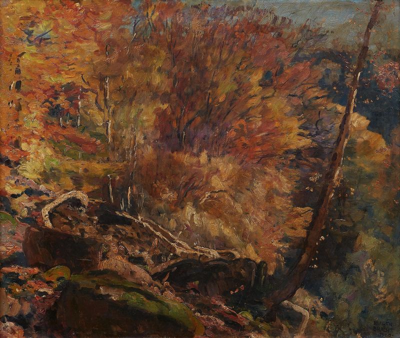 Felsiger Wald de Eugen Bracht, pintura a óleo que retrata uma densa floresta com árvores rochosas.