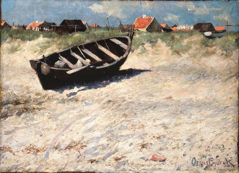 Boat at Skagen’s South Beach by Oscar Björck, oil painting depicting a boat on the shore.