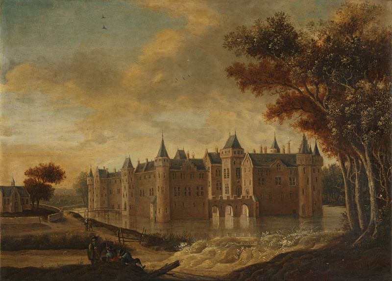 Castillo de Egmond, pintura al óleo de Jan Jacobsz. van der Croos, con reflejo en el agua