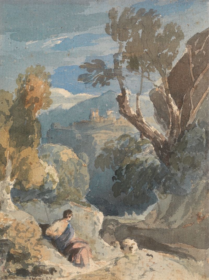 Paisaje de John Varley, pintura al óleo que representa la naturaleza serena con formas armoniosas.