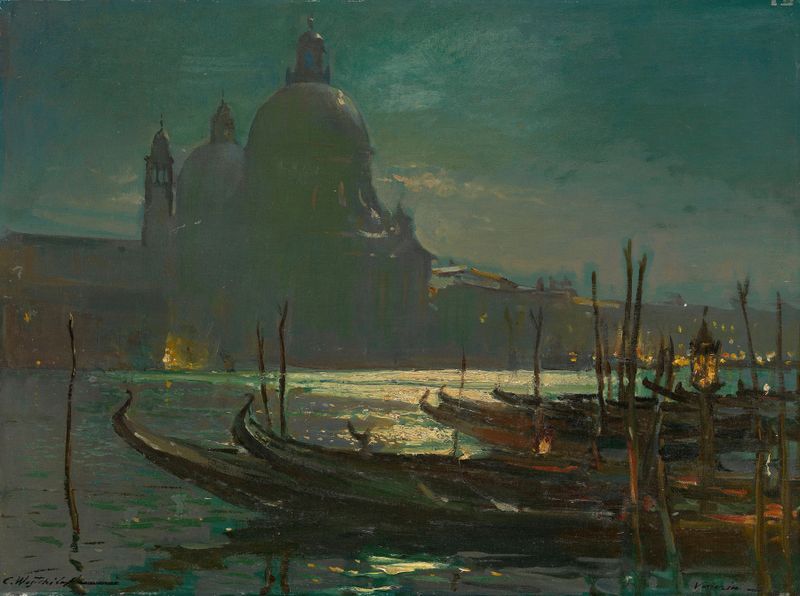 View of Santa Maria della Salute at Night, oil on canvas by Constantin Westchiloff