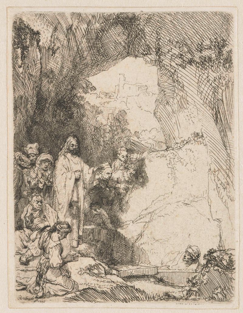 Gravura de Rembrandt van Rijn mostrando Lázaro emergindo da escuridão em A Ressurreição de Lázaro