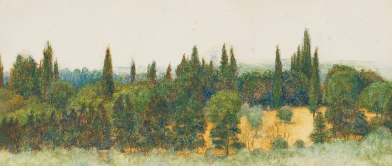 Um vale italiano com pinheiros, óleo sobre tela de John Roddam Spencer Stanhope