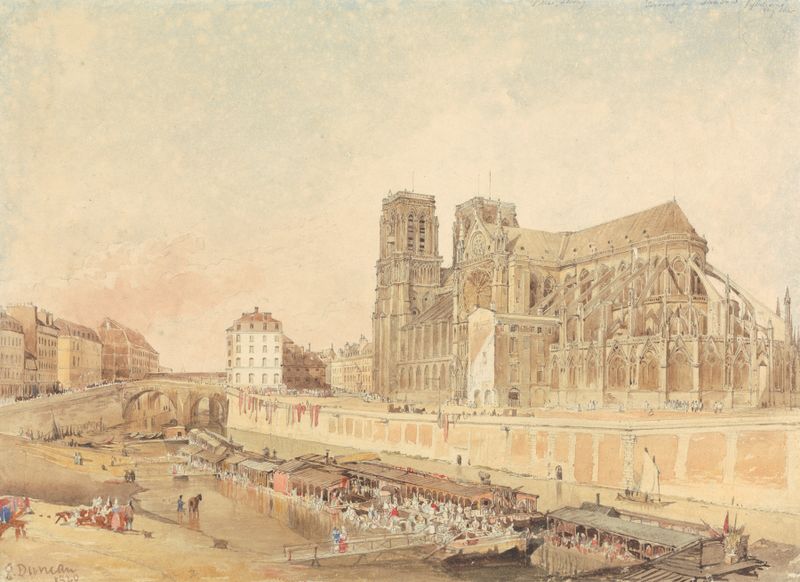 Notre Dame silhouette at dawn, oil on canvas by Edward Duncan