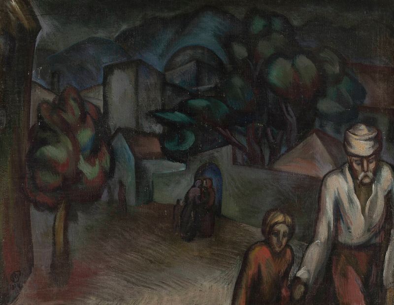 Paisaje urbano con figuras de Roman Petrović, medio desconocido