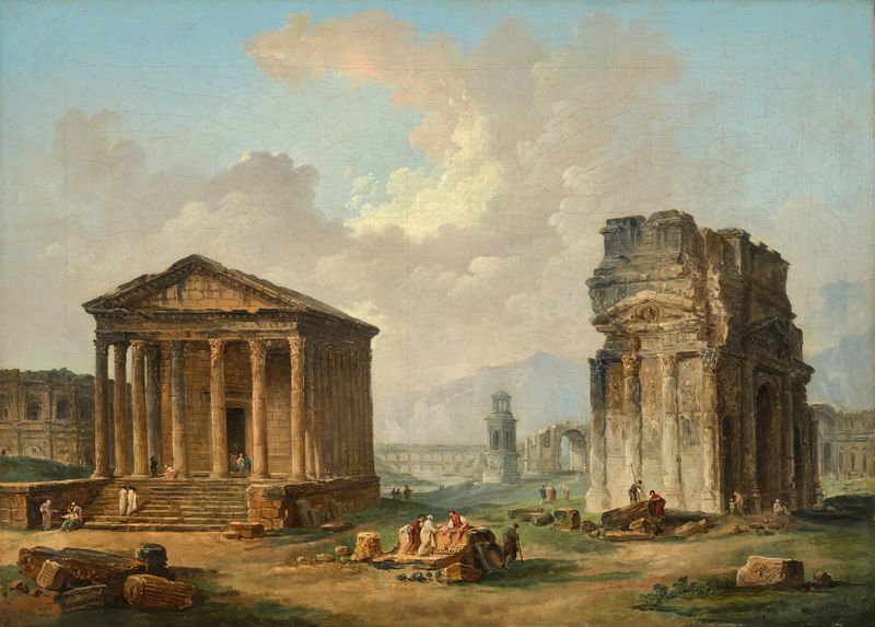 Paisagem com ruínas e colunas de Hubert Robert, óleo sobre tela