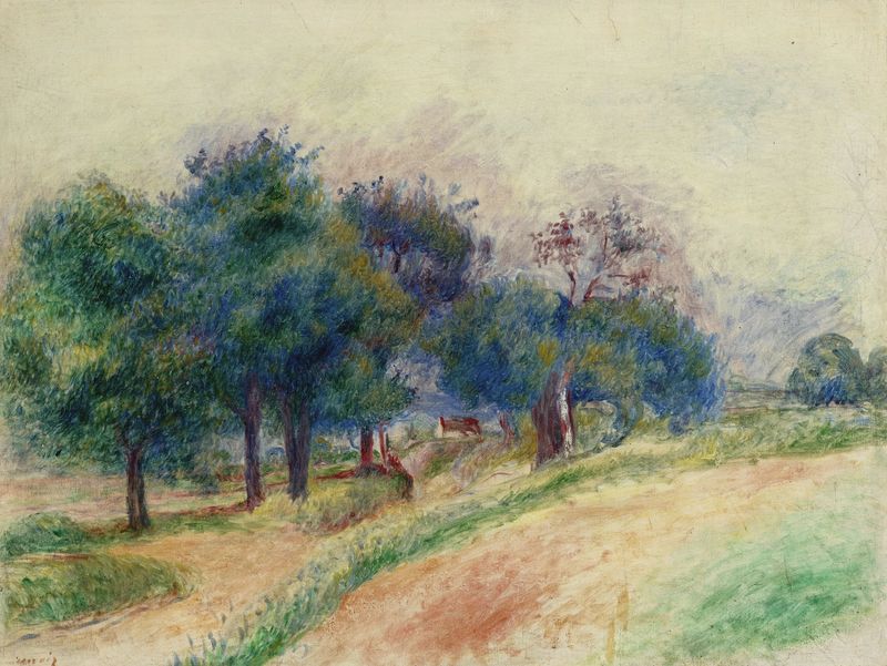 Paysage d’Essoyes by Pierre-Auguste Renoir, oil on canvas depicting a serene landscape with trees and sunlight.