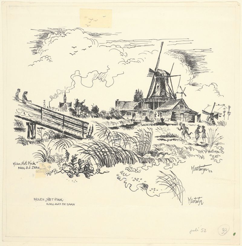 Paisagem com um moinho e reflexos na água de Maarten Oortwijn, 1952