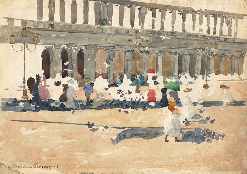Caffè Florian en Venecia de Maurice Prendergast, óleo que muestra una escena animada de café.
