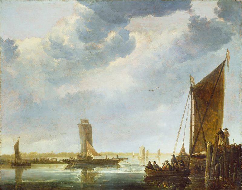 The Ferry Boat de Aelbert Cuyp, óleo que muestra un ferry en un río